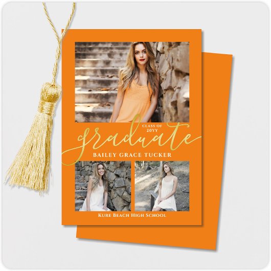 Eleganter Script Orange 3-Foto Collage Abschluss Ankündigung