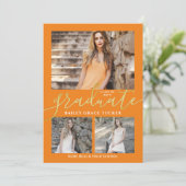 Eleganter Script Orange 3-Foto Collage Abschluss Ankündigung (Stehend Vorderseite)