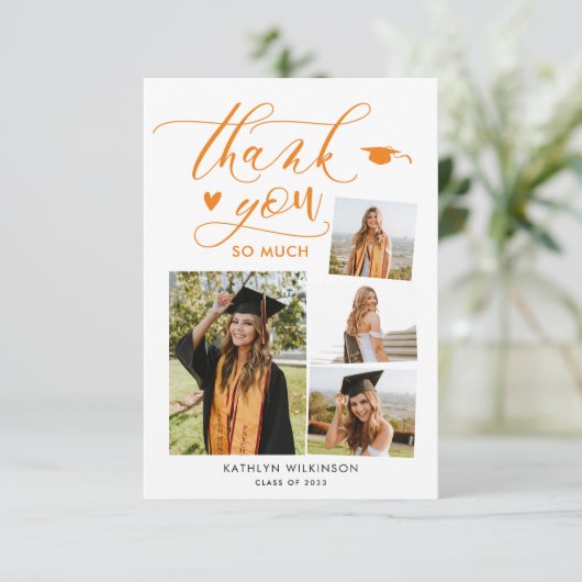 Eleganter Script Orange 4 Foto Collage Abschluss Dankeskarte (Stehend Vorderseite)