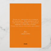 Eleganter Script Orange Gold Foto Abschluss Folieneinladung (Rückseite)