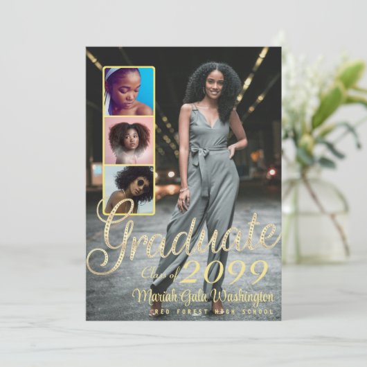 Eleganter Script Overlay 4 Foto Collage Abschluss Ankündigung (Stehend Vorderseite)