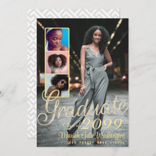 Eleganter Script Overlay 4 Foto Collage Abschluss Ankündigung (Vorne/Hinten)