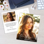 Eleganter Script Overlay Foto Abschluss Vielen Dan Postkarte<br><div class="desc">Eleganter Abschluss danke Ihnen Postcard mit dem Foto des Absolventen überlagert mit "danke" in einem schicken modernen weißen Skript und ihren Namen,  Schule und Klasse Jahr in der einfachen weißen Typografie. Auf der Rückseite personalisieren Sie eine Danksagung und fügen den Namen des Absolventen in ein signaturähnliches Skript hinzu.</div>