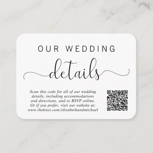Eleganter Script QR Code Hochzeitdetails Begleitkarte (Vorderseite)