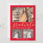 Eleganter Script Red 3-Foto Collage Abschluss Ankündigung (Vorderseite)