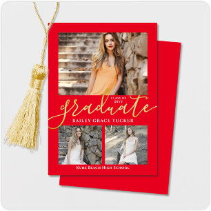 Eleganter Script Red 3-Foto Collage Abschluss Ankündigung