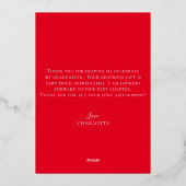 Eleganter Script Red Gold Foto Abschluss Folieneinladung (Rückseite)