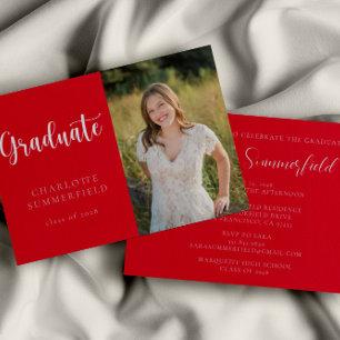 Eleganter Script Red White Foto Abschluss Einladung