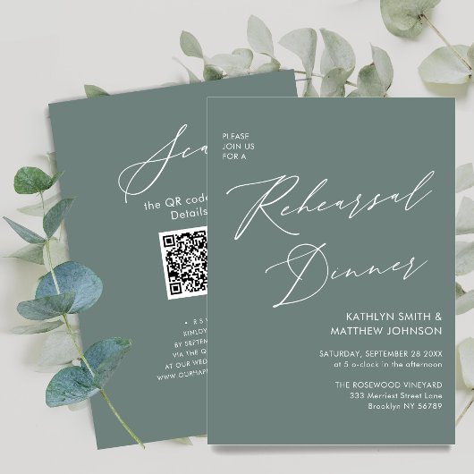 Eleganter Script Sage Green Probe Dinner QR Code Einladung