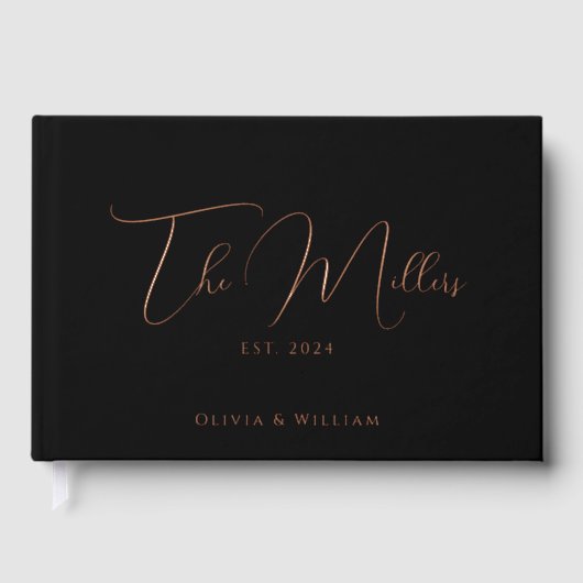 Eleganter Script Schriftart Black & Rose Gold Hoch Gästebuch (Vorderseite)