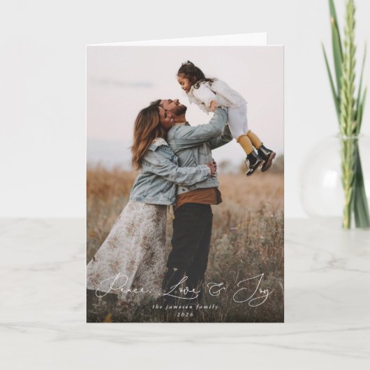 Eleganter Script Schriftart Peace Liebe+Joy Weihna Karte (Vorderseite)