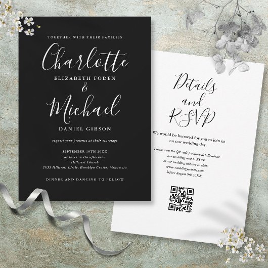 Eleganter Script-Schwarz-Weiß-QR-Code Hochzeit Einladung