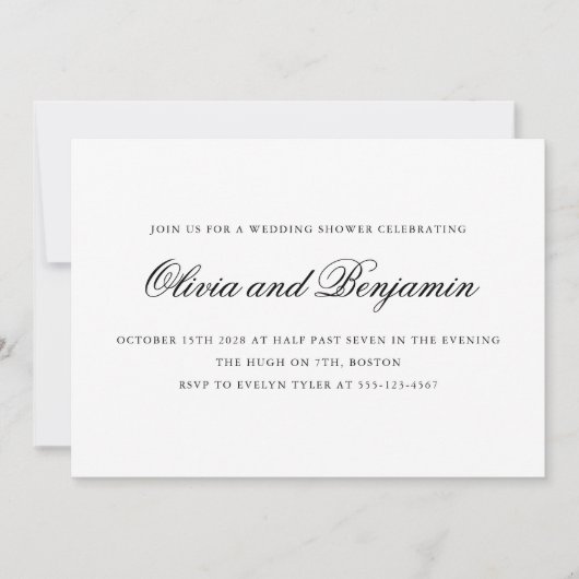 Eleganter Script-Schwarz-weißer formaler Polterabe Einladung (Vorderseite)