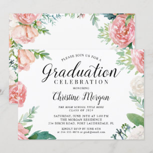 Eleganter Script Watercolor Peach Floral Abschluss Einladung