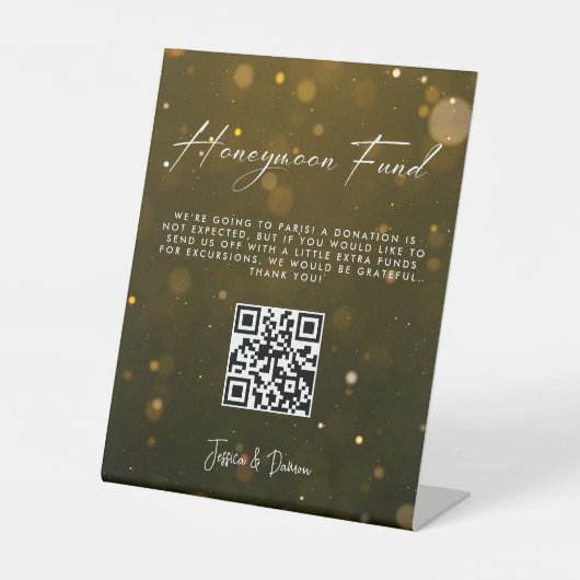 Eleganter Script Wedding Honeymoon Fund QR Code Sockelschild (Vorderseite)