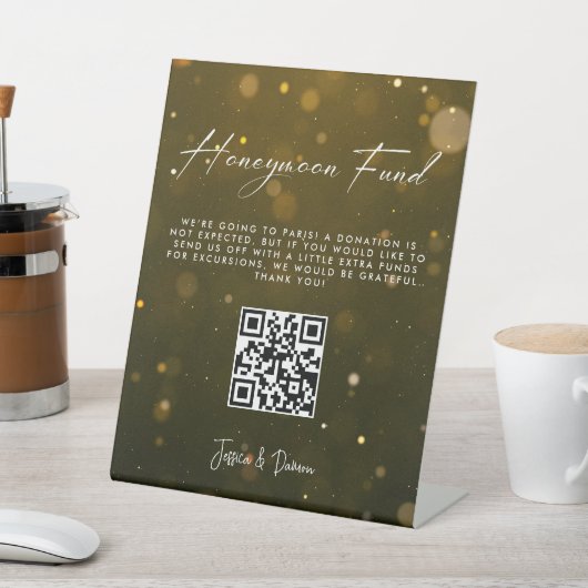 Eleganter Script Wedding Honeymoon Fund QR Code Sockelschild (In SItu)