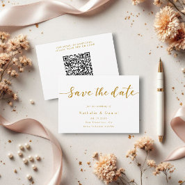 Eleganter Script White and Gold QR Code Hochzeit Save The Date