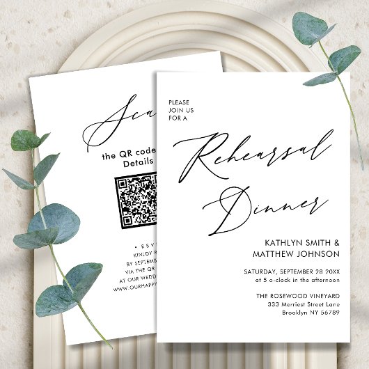 Eleganter Script White Probe Dinner QR-Code Einladung