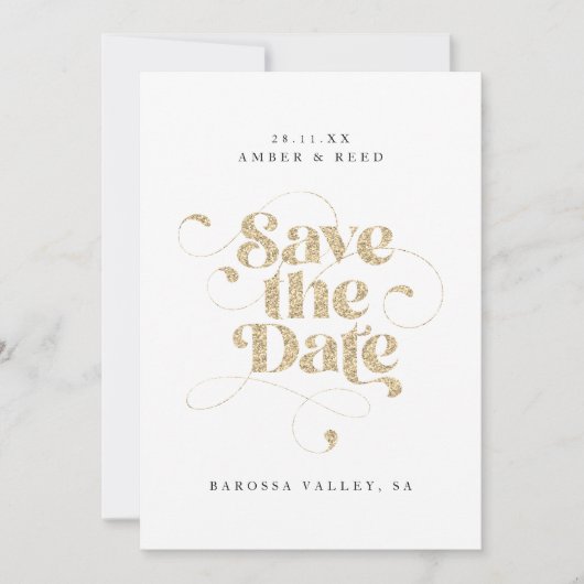 Eleganter Script Words Gold Imitats Glitzer Save The Date (Vorderseite)