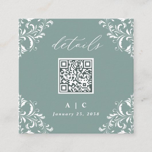 Eleganter Sea Green QR Code Hochzeitdetails Begleitkarte (Vorderseite)