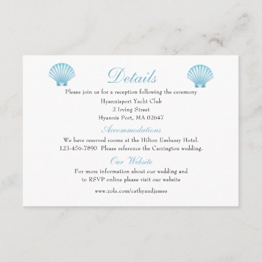 Eleganter Seashell Wedding Details Blue Beach Begleitkarte (Vorderseite)