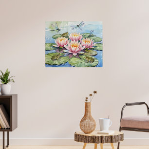 Eleganter Seerosenteich mit Fröschen und Libellen Poster