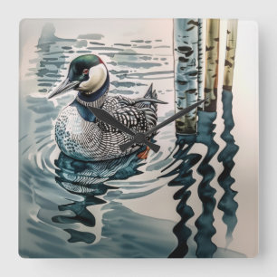 Eleganter Seetaucher auf dem See Quadratische Wanduhr