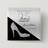 Eleganter Sequin Stiletto, Silver & Black Geburtst Button (Vorderseite)