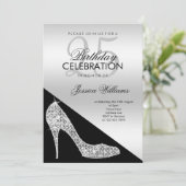 Eleganter Sequin Stiletto, Silver & Black Geburtst Einladung (Stehend Vorderseite)