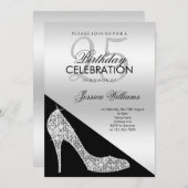 Eleganter Sequin Stiletto, Silver & Black Geburtst Einladung (Vorne/Hinten)