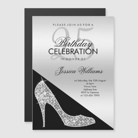 Eleganter Sequin Stiletto, Silver & Black Geburtst Magneteinladung (Vorne/Hinten)