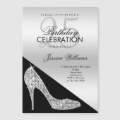 Eleganter Sequin Stiletto, Silver & Black Geburtst Magneteinladung (Vorderseite)