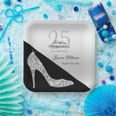 Eleganter Sequin Stiletto, Silver & Black Geburtst Pappteller (Party)