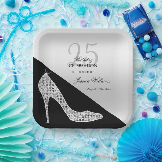 Eleganter Sequin Stiletto, Silver & Black Geburtst Pappteller (Party)