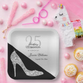 Eleganter Sequin Stiletto, Silver & Black Geburtst Pappteller (Party)