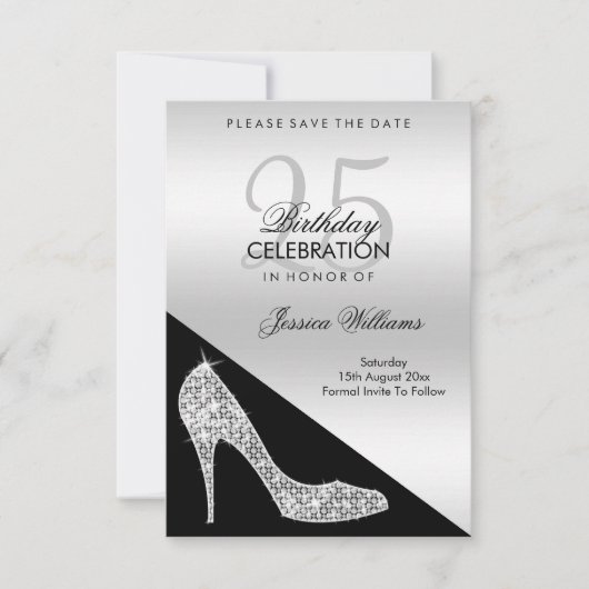 Eleganter Sequin Stiletto, Silver & Black Geburtst Save The Date (Vorderseite)