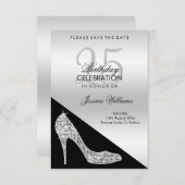 Eleganter Sequin Stiletto, Silver & Black Geburtst Save The Date (Vorne/Hinten)