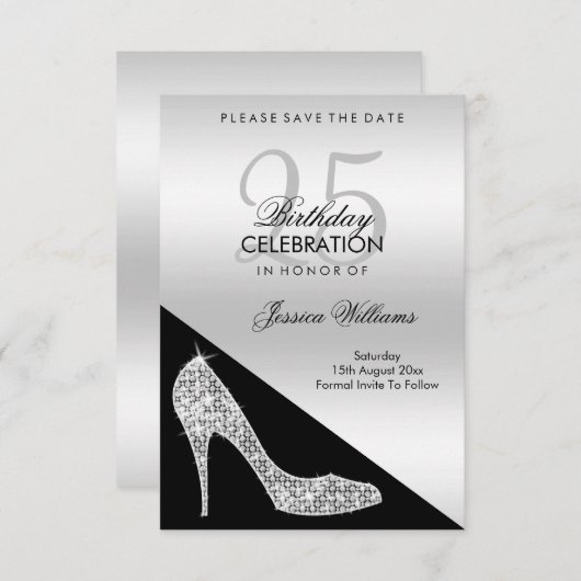 Eleganter Sequin Stiletto, Silver & Black Geburtst Save The Date (Vorne/Hinten)