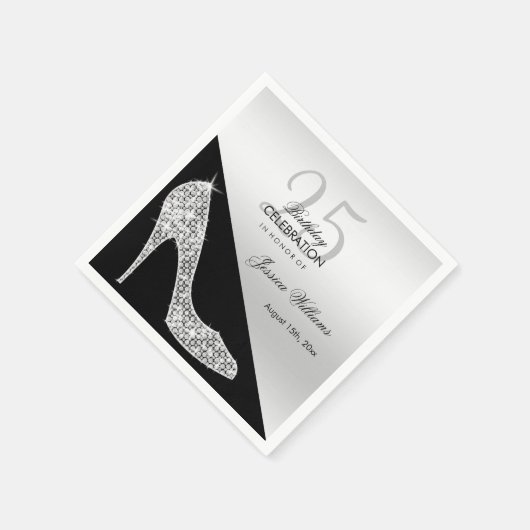 Eleganter Sequin Stiletto, Silver & Black Geburtst Serviette (Ecke)