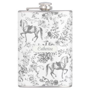 Eleganter Silber-Grau-Reiter Floral Toile Name Flachmann