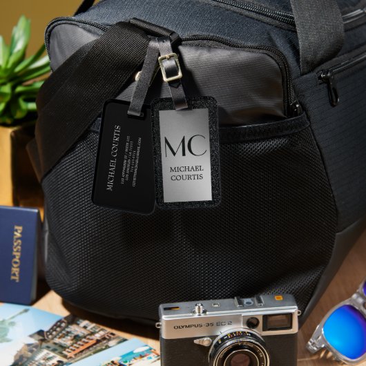 Eleganter silber-schwarzer Mit Monogramm Name Gepäckanhänger (Vorderseite & Rückseite)