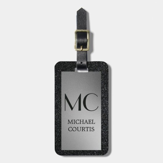 Eleganter silber-schwarzer Mit Monogramm Name Gepäckanhänger (Vorderseite vertikal)