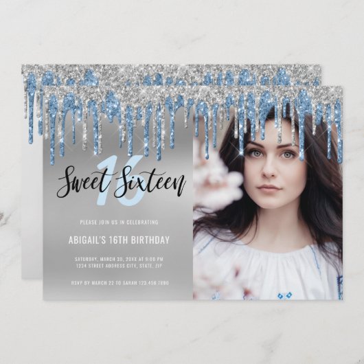 Eleganter silberblauer Glitzer Tropfen 16 . Geburt Einladung (Vorne/Hinten)