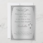 Eleganter Silberdamast & Silberkreuz Taufe Einladung (Rückseite)