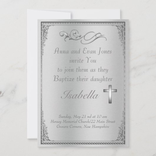 Eleganter Silberdamast & Silberkreuz Taufe Einladung (Rückseite)