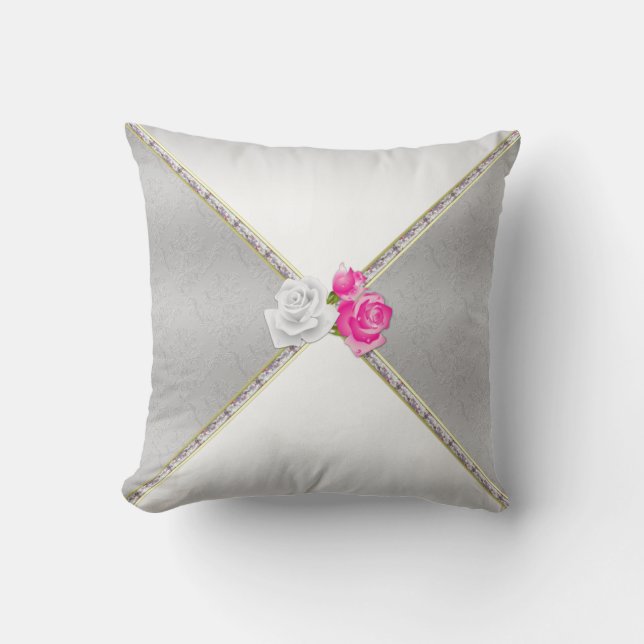 Eleganter SilberDamast und rosa Rose Kissen (Vorderseite)