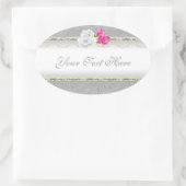 Eleganter SilberDamast und rosa Rose Ovaler Aufkleber (Tasche)