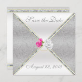 Eleganter SilberDamast und Rosa Rose Save the Date (Vorne/Hinten)