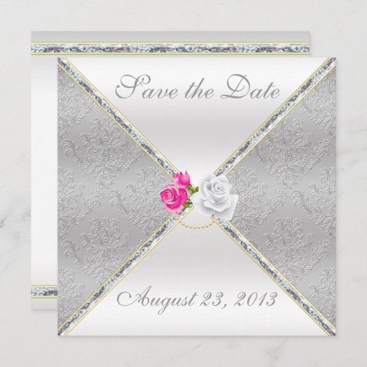 Eleganter SilberDamast und Rosa Rose Save the Date (Vorne/Hinten)