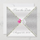 Eleganter SilberDamast und Rosa Rose Save the Date (Vorderseite)